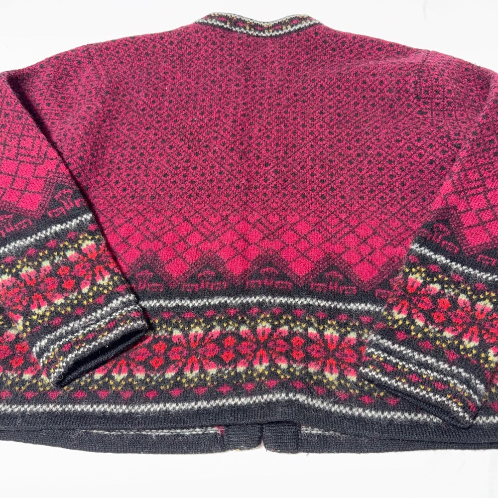 Vintage Frost Petite Large Burgundy Icelandic Fair Isle Snowflake Wool Cardigan - Picture 3 of 7